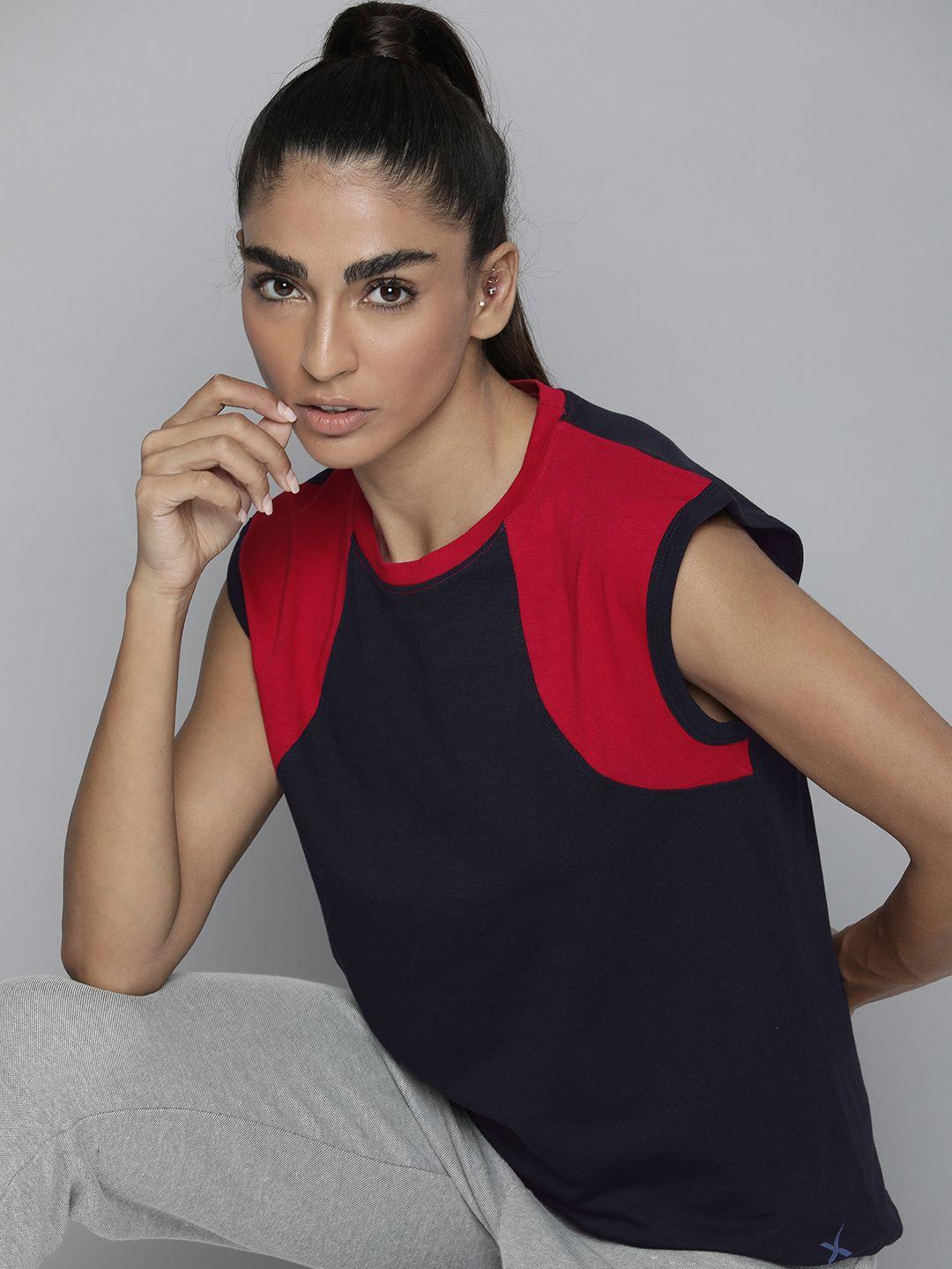 hrx by hrithik roshan women navy blue & red pure cotton colourblocked t-shirt
