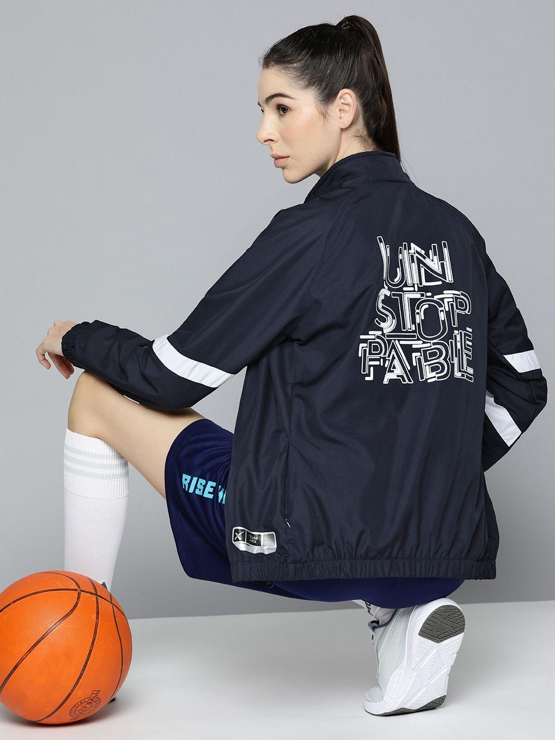hrx by hrithik roshan women navy blue & white typography printed basketball jacket