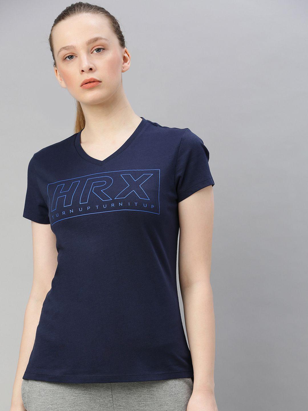 hrx by hrithik roshan women navy blue brand logo print bio-wash running pure cotton t-shirt