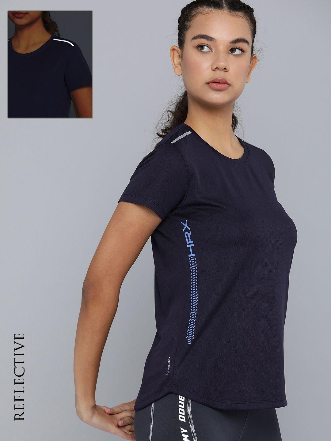 hrx by hrithik roshan women navy blue printed rapid-dry t-shirt with reflective strips