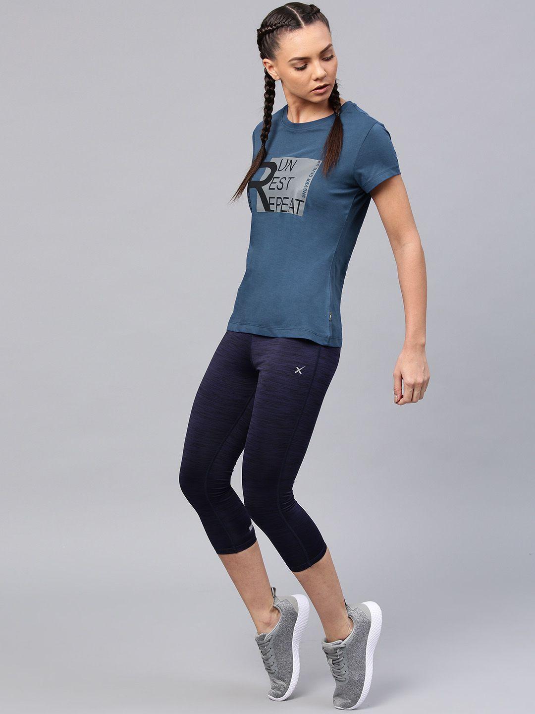 hrx by hrithik roshan women navy blue printed round neck t-shirt