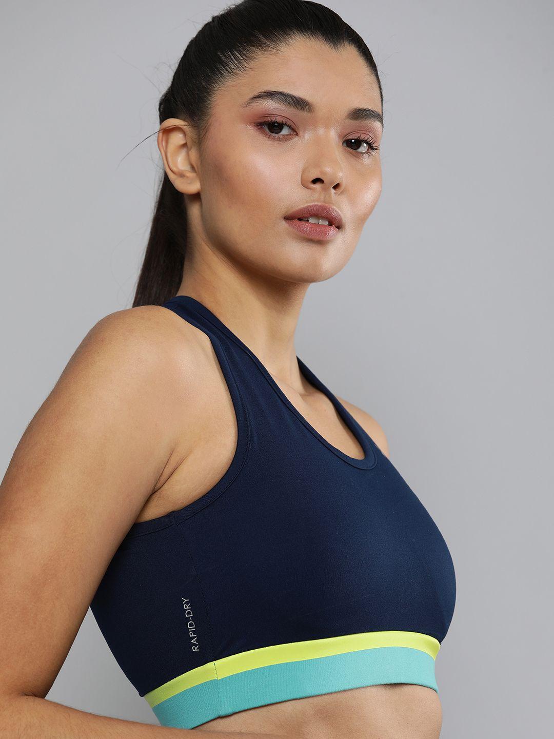 hrx by hrithik roshan women navy blue running rapid-dry colourblocked sports bra