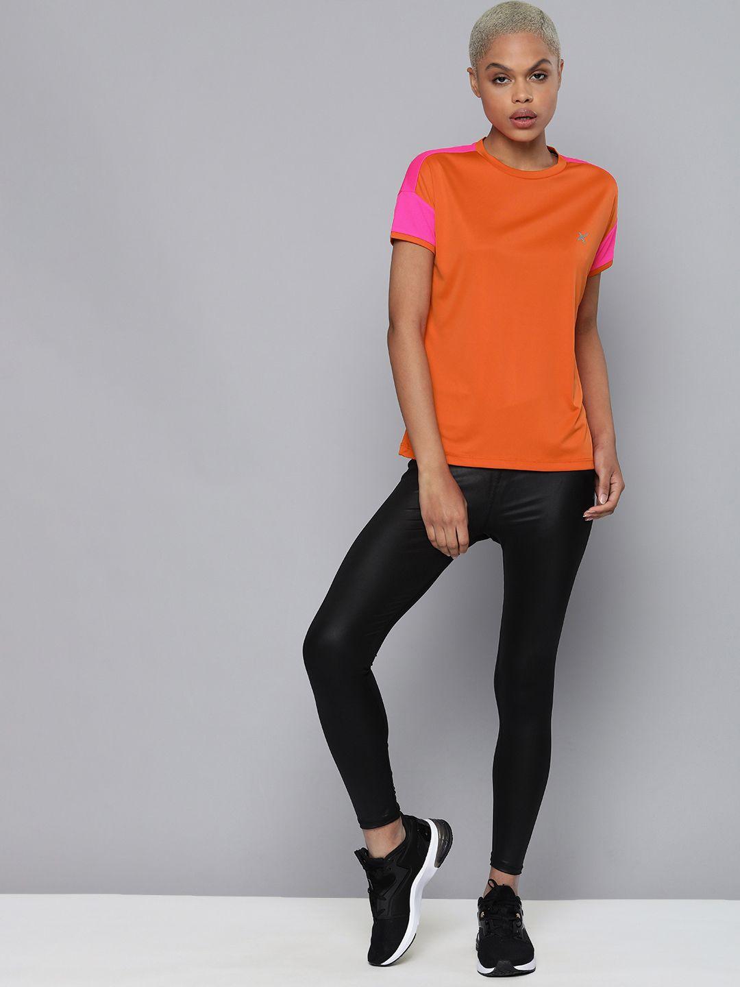 hrx by hrithik roshan women orange & pink rapid-dry colourblock running tshirt