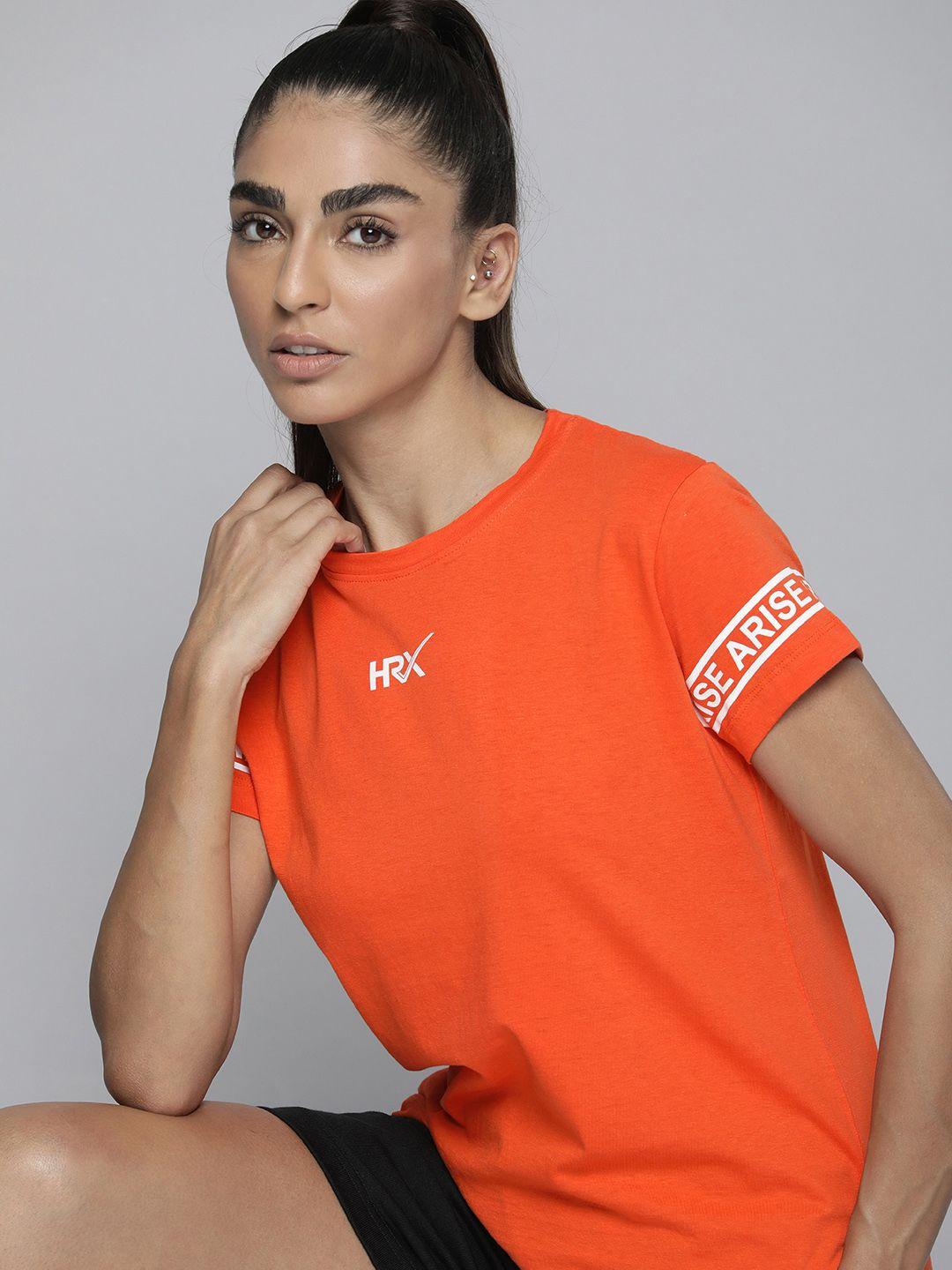 hrx by hrithik roshan women orange brand logo printed pure cotton t-shirt