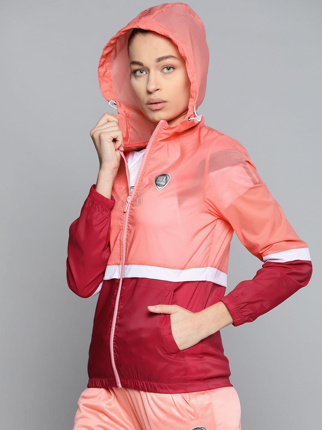 hrx by hrithik roshan women orange red colourblocked sporty football jacket