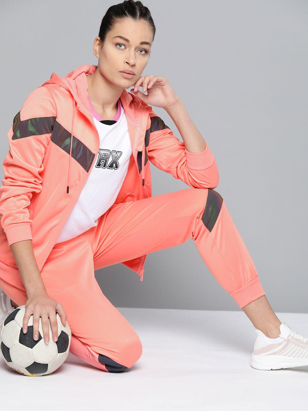 hrx by hrithik roshan women peach-coloured & grey colourblocked football tracksuit