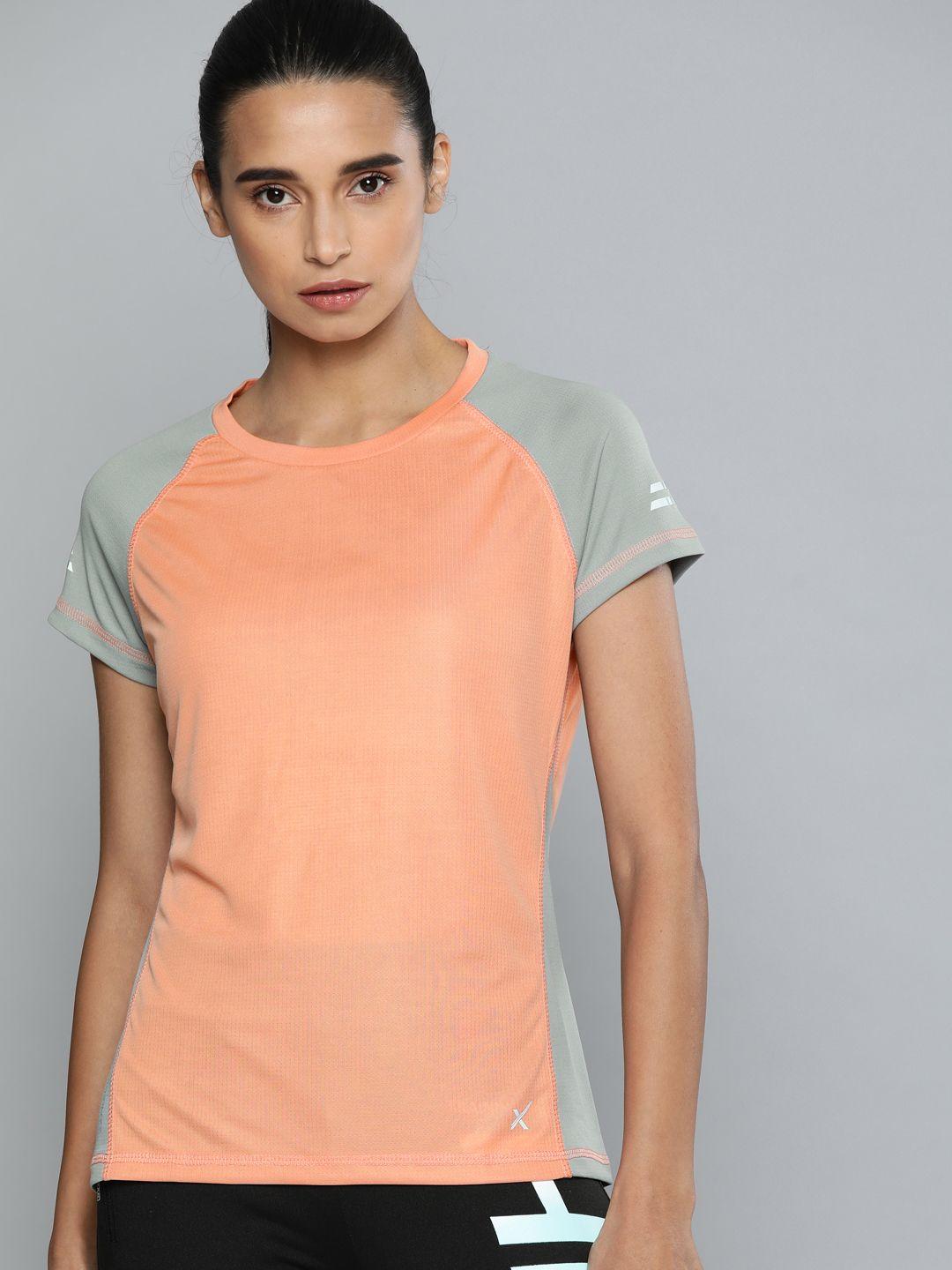 hrx by hrithik roshan women peach-coloured colourblocked round neck t-shirt