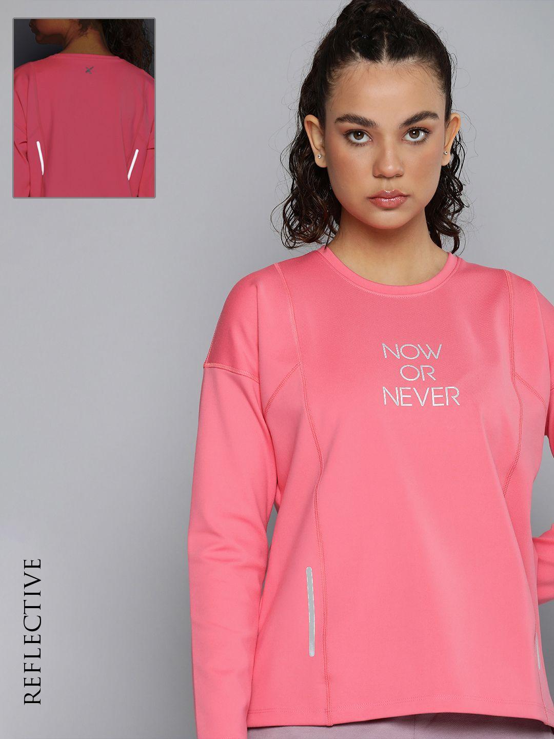 hrx by hrithik roshan women pink & grey typography printed drop-shoulder sleeves t-shirt