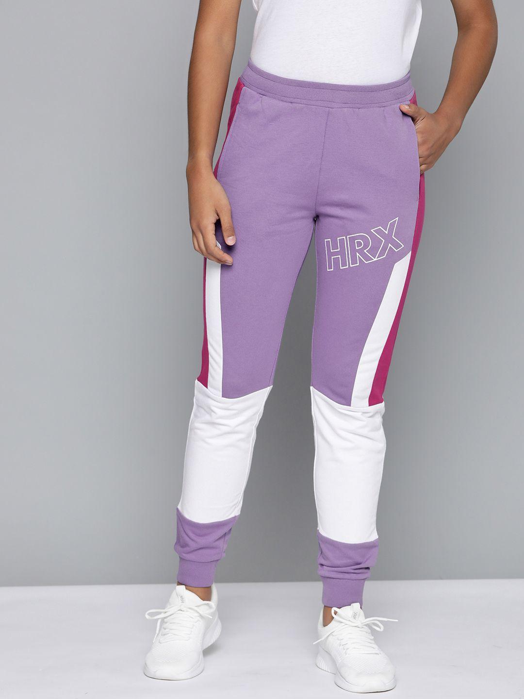 hrx by hrithik roshan women purple & white colourblocked  joggers