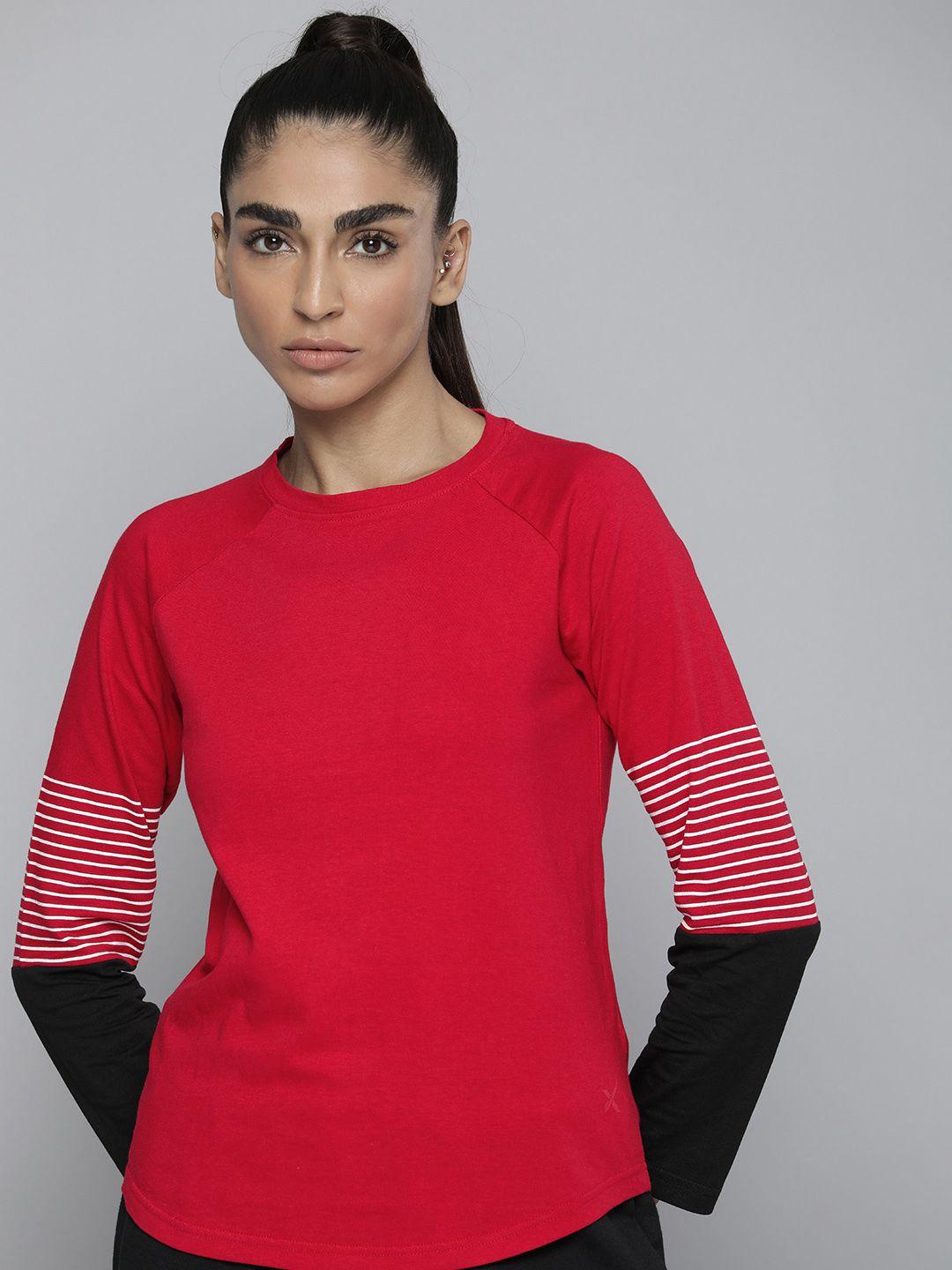 hrx by hrithik roshan women red & black solid t-shirt