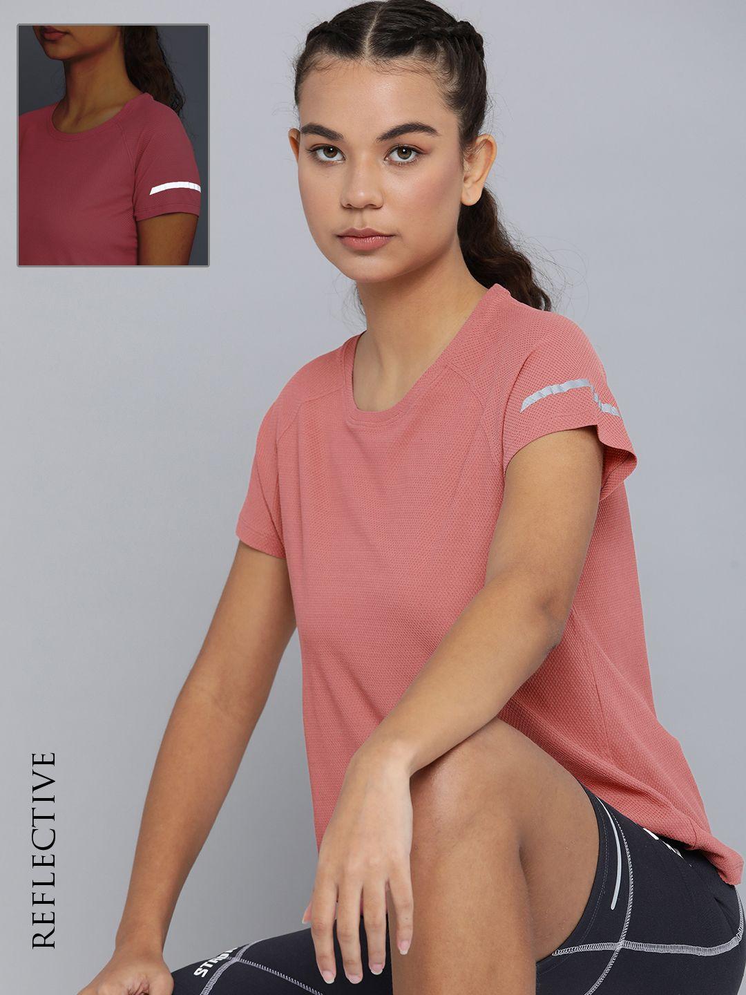 hrx by hrithik roshan women rose-coloured printed rapid-dry t-shirt with reflective strips