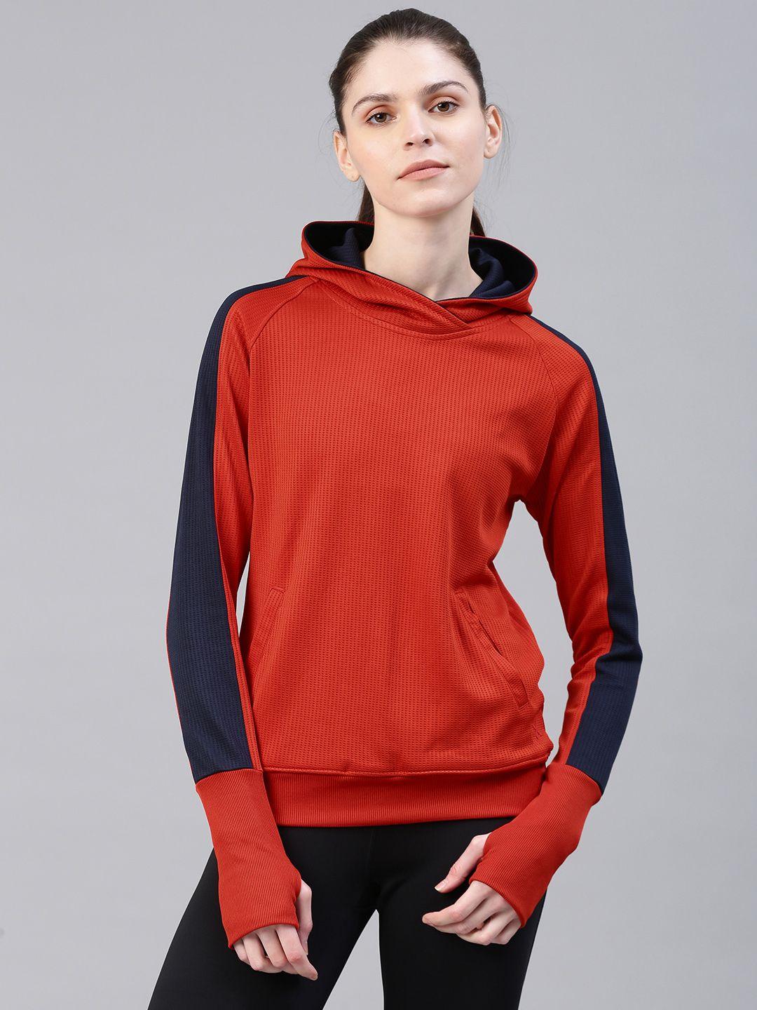 hrx by hrithik roshan women rust red self design hooded sweatshirt