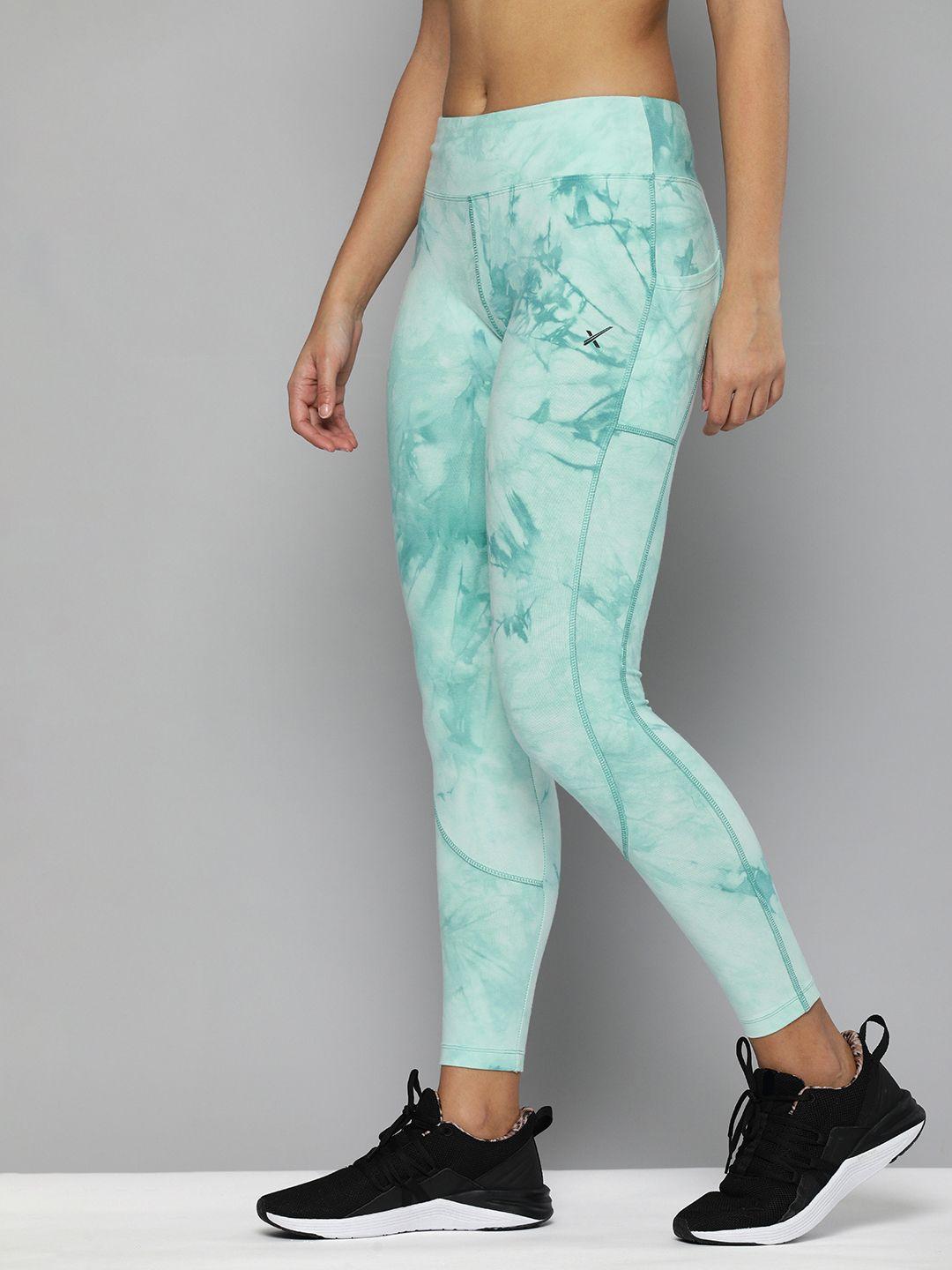 hrx by hrithik roshan women sea green tie & dye print training tights