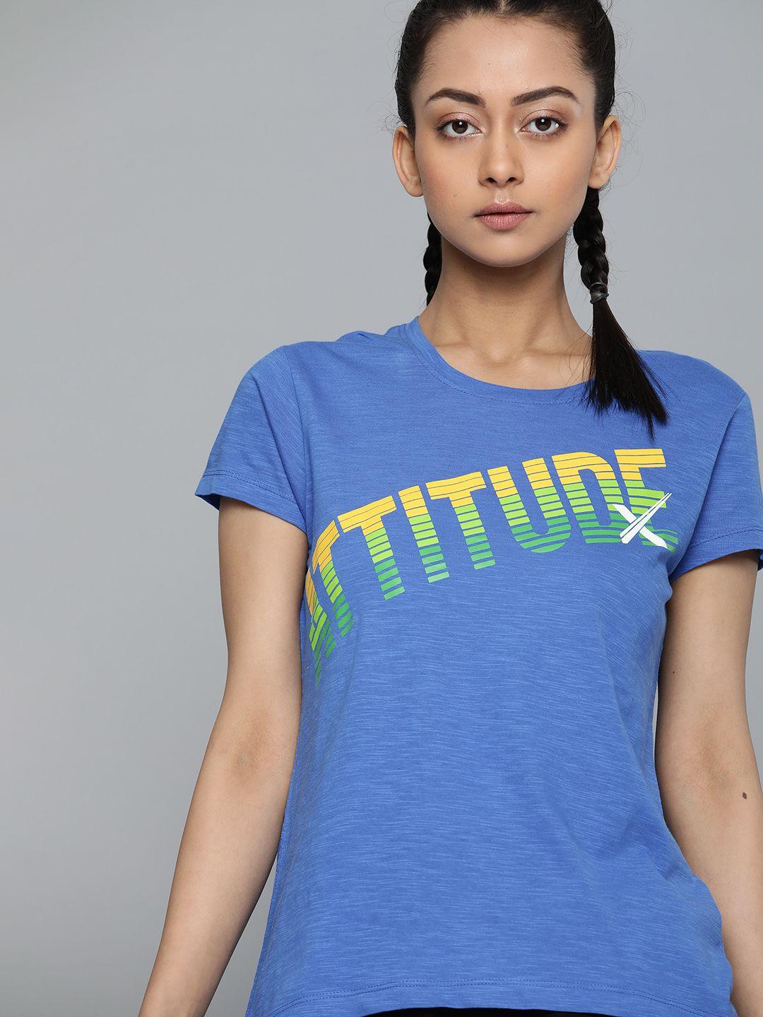 hrx by hrithik roshan women strong blue typographic bio-wash lifestyle pure cotton t-shirt