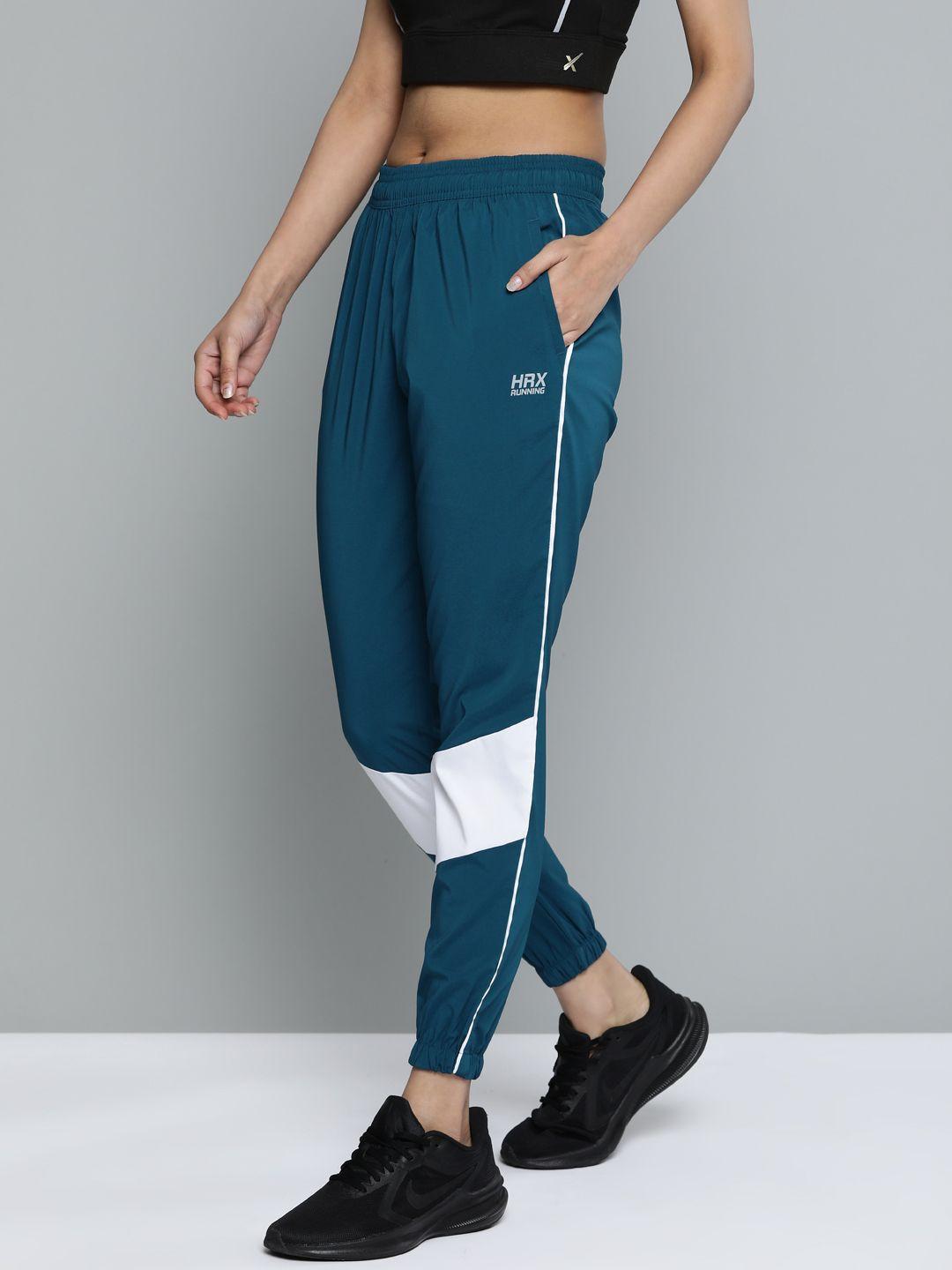 hrx by hrithik roshan women teal blue colourblock rapid-dry antimicrobial running joggers