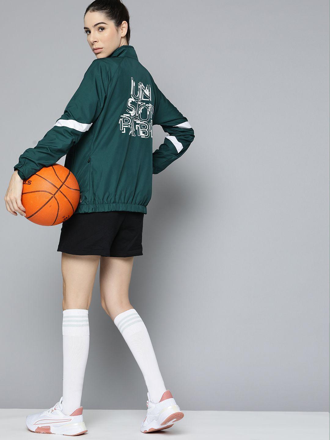 hrx by hrithik roshan women teal green & white typography printed basketball jacket