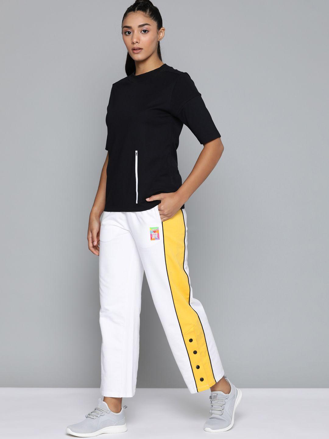 hrx by hrithik roshan women white & yellow colourblocked track pants