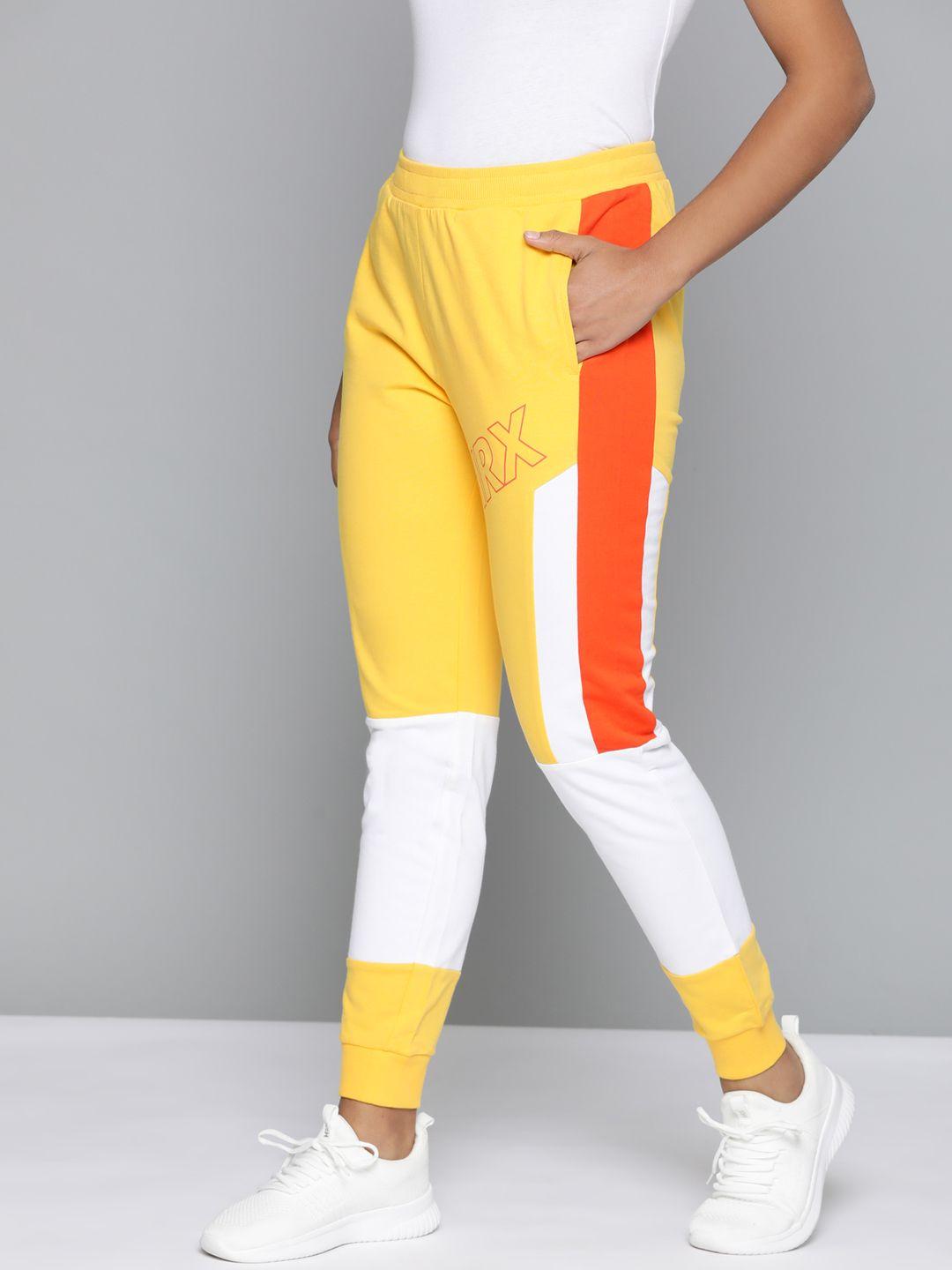 hrx by hrithik roshan women yellow & white colourblocked  joggers