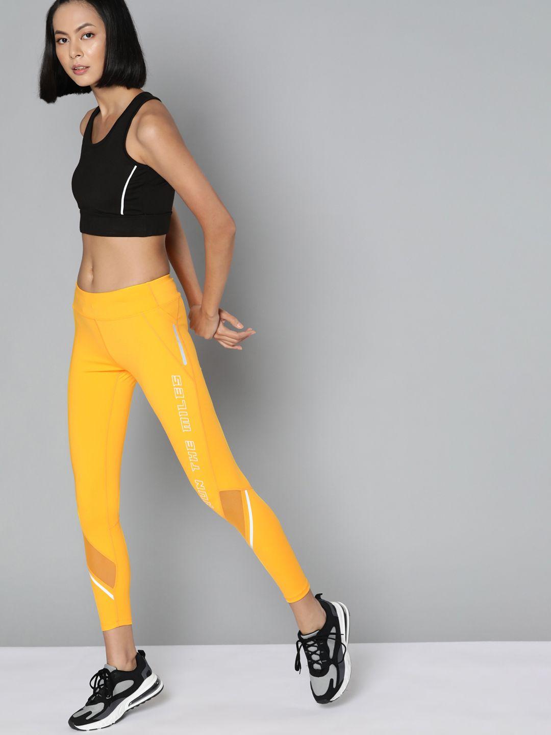 hrx by hrithik roshan women yellow typography printed rapid-dry running tights