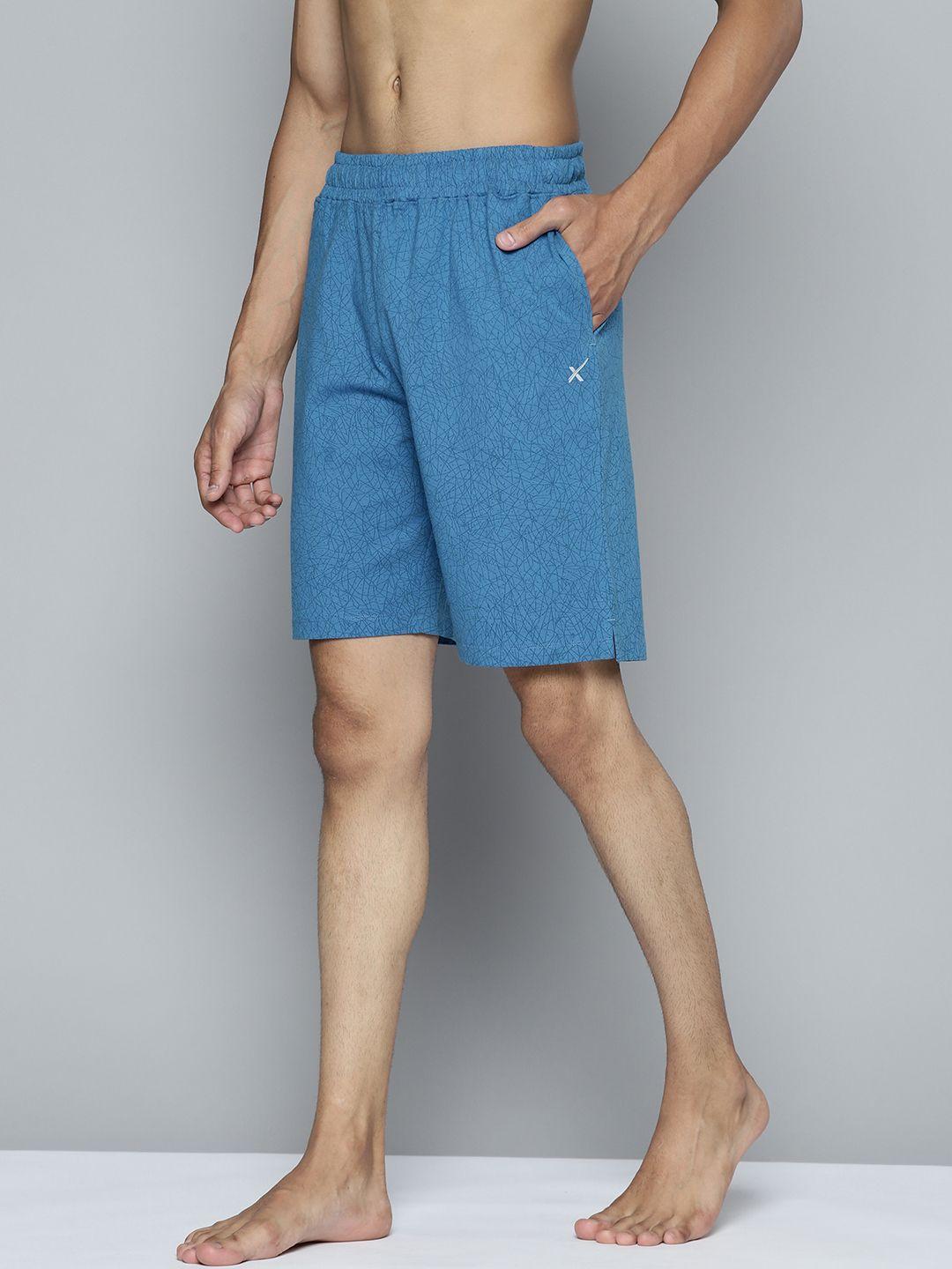 hrx by hrithik roshan yoga men atlantic blue rapid-dry geometric pure cotton sustainable shorts