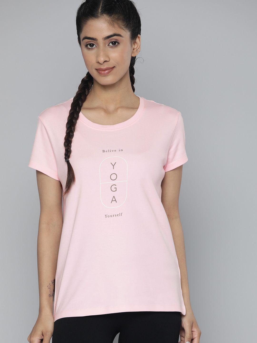 hrx by hrithik roshan yoga women baby pink bio wash typography tshirts