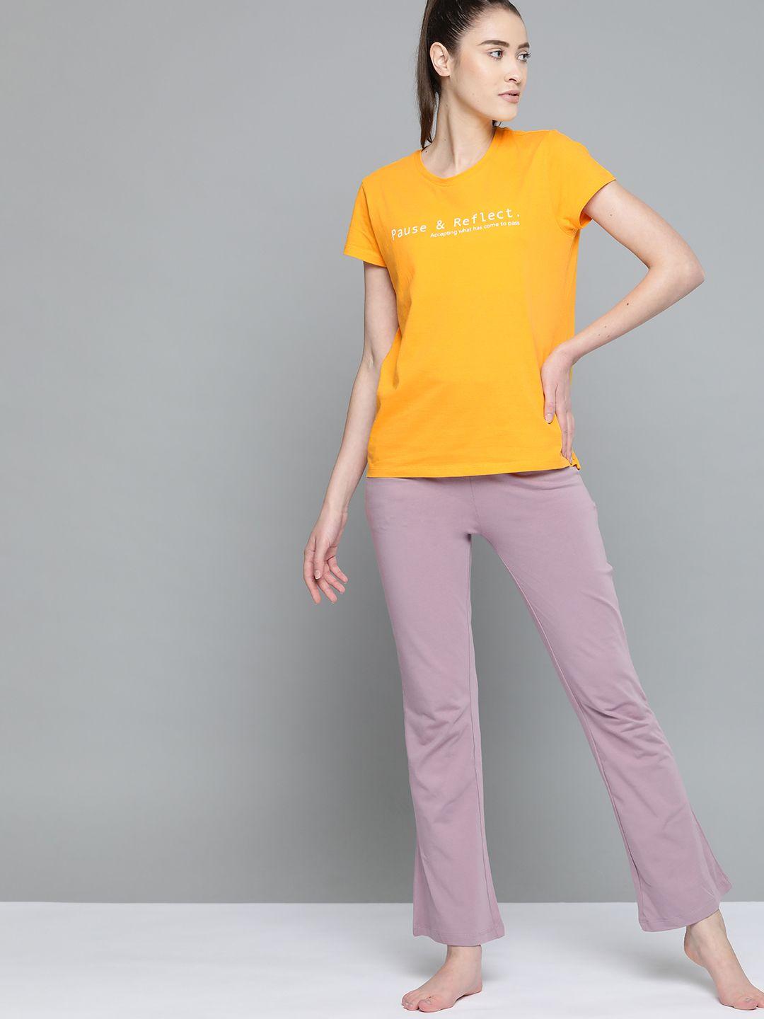 hrx by hrithik roshan yoga women saffron solid  sustainable t-shirt