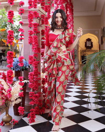 https:ashen red bloom printed chinon pre draped saree