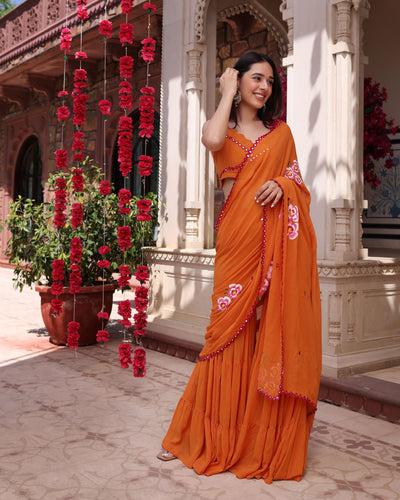 https:coral crush orange mirror work handpainted georgette pre draped saree