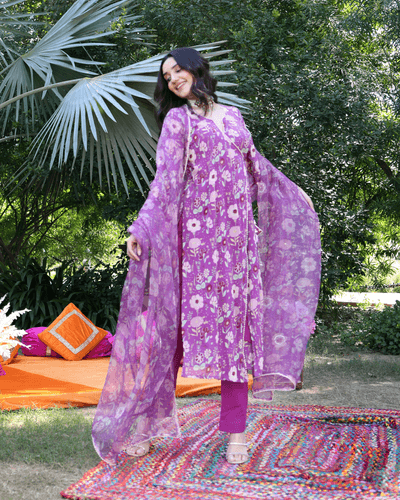 https:iris bloom purple printed georgette suit set