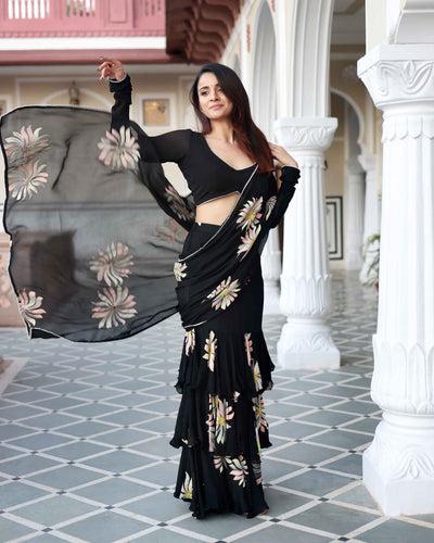 https:kiyana black handpainted chinon pre draped saree