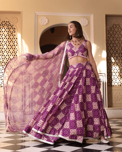 https:lavender printed satin lehenga set