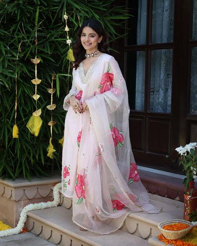 https:snowflake serene peach pink handpainted chanderi suit set