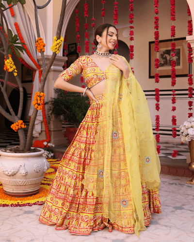 https:sunshine blooms yellow printed satin lehenga set