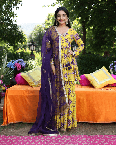 https:whirling shapes yellow purple printed georgette sharara set