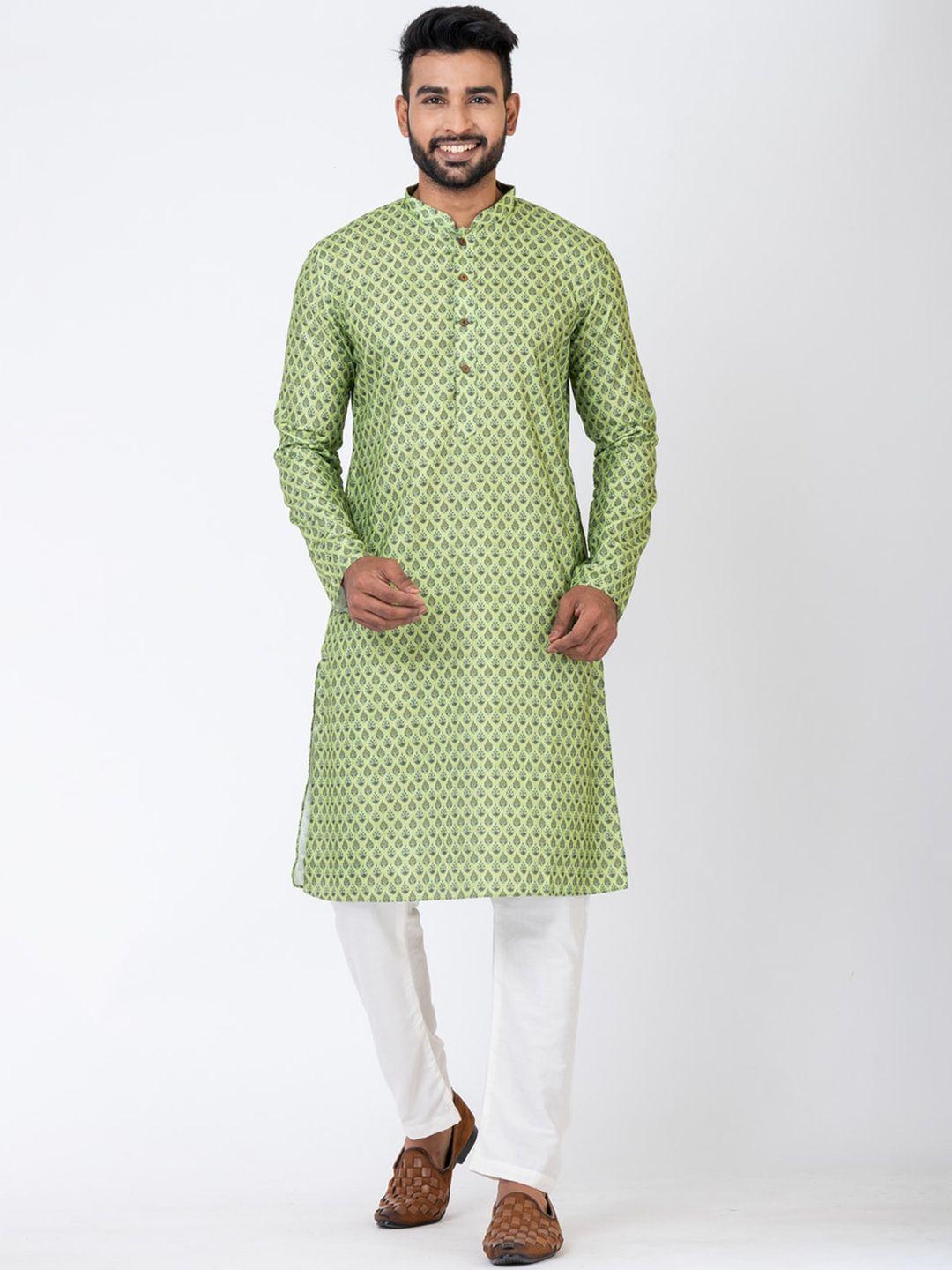 hu - handcrafted uniquely men green ethnic motifs printed flared sleeves sequinned indie prints kurta