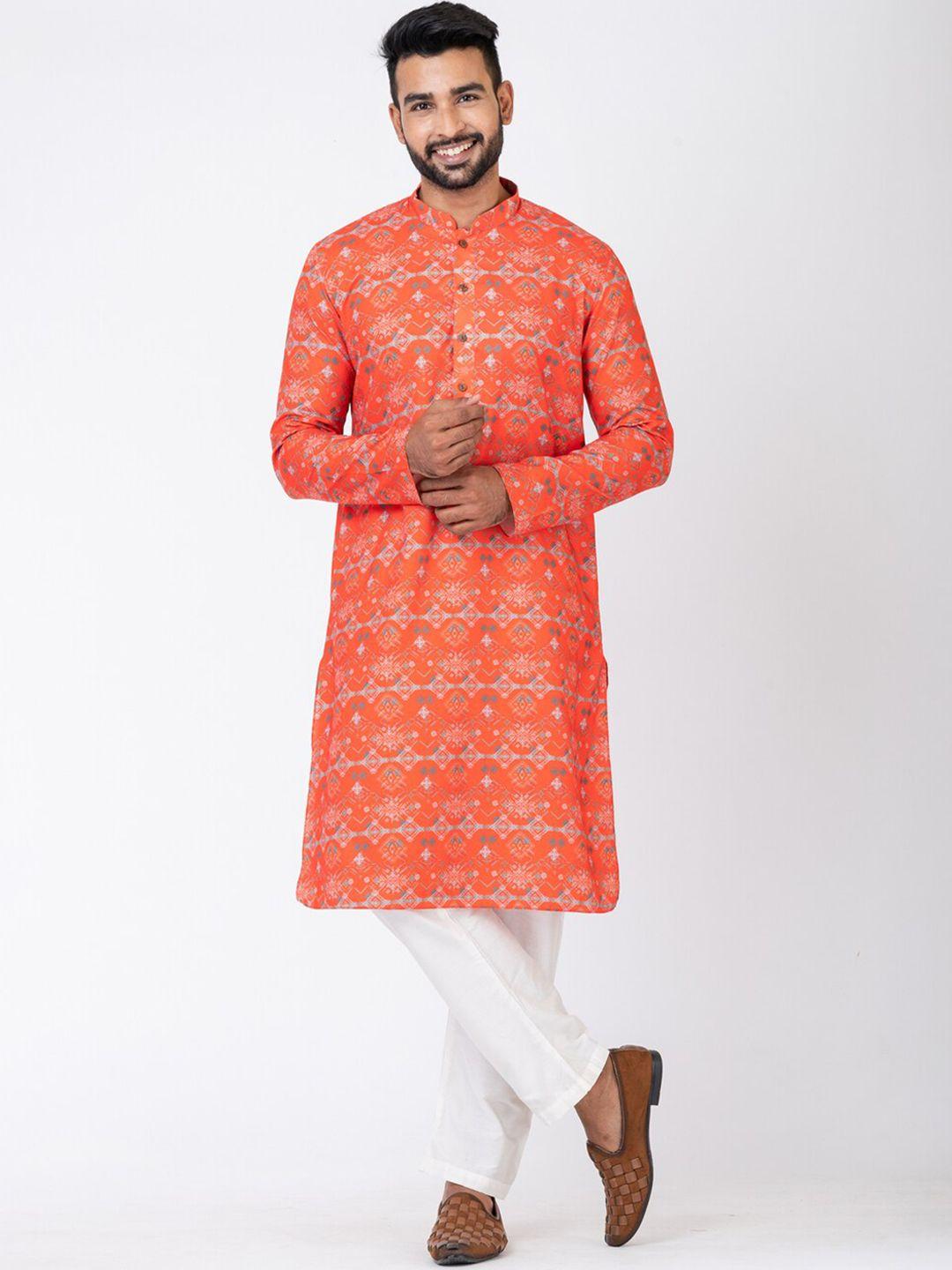 hu - handcrafted uniquely ethnic printed mandarin collar cotton linen straight kurta