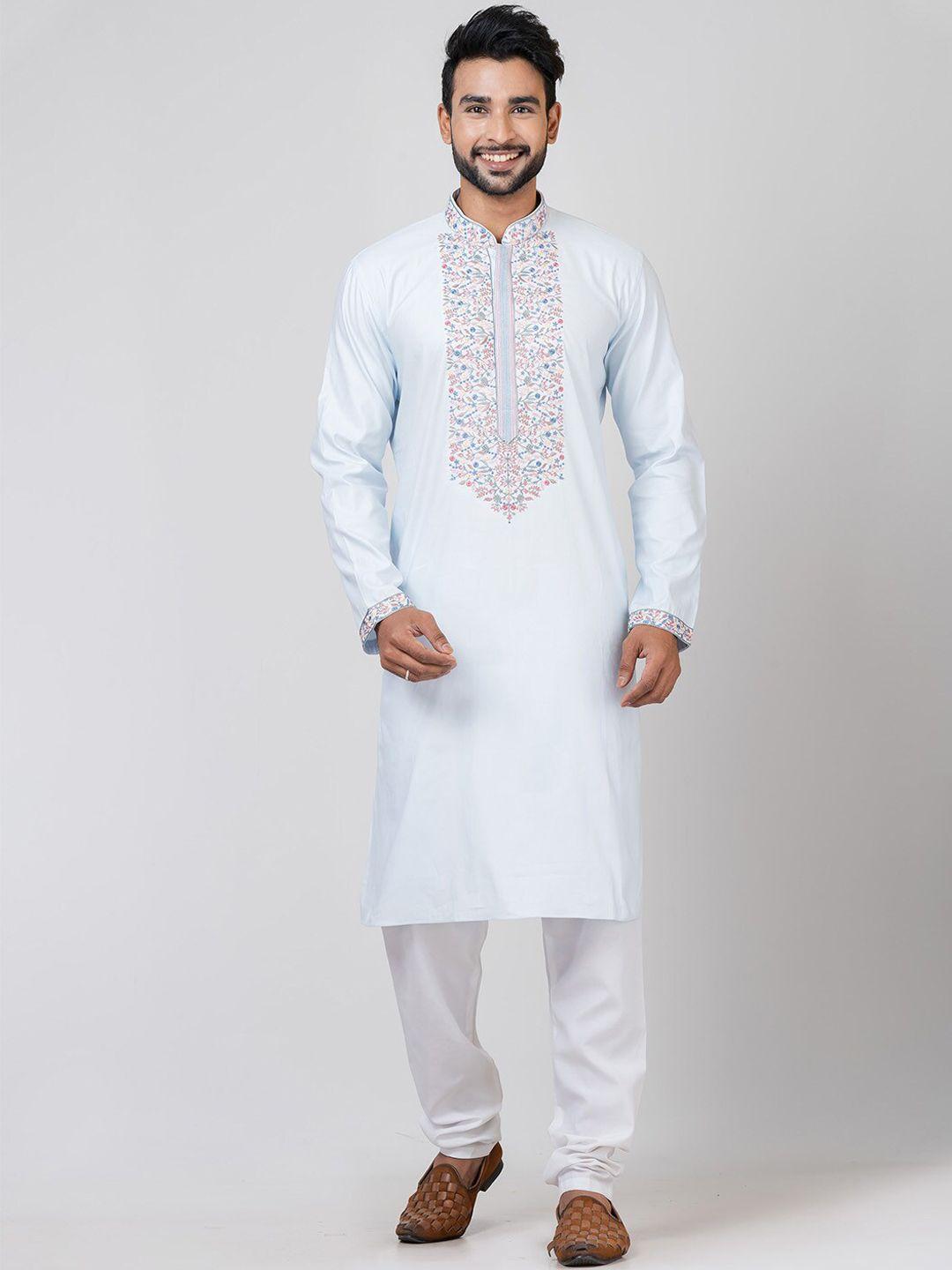 hu - handcrafted uniquely floral embroidered cotton silk kurta