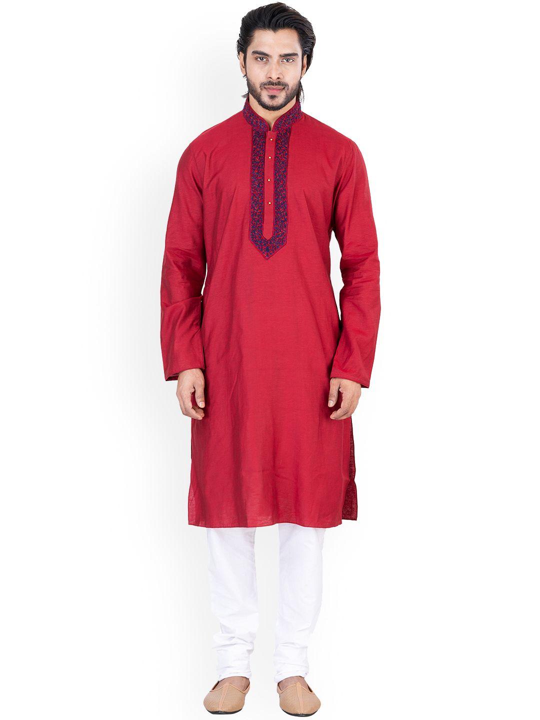 hu - handcrafted uniquely floral yoke design mandarin collar linen straight kurta