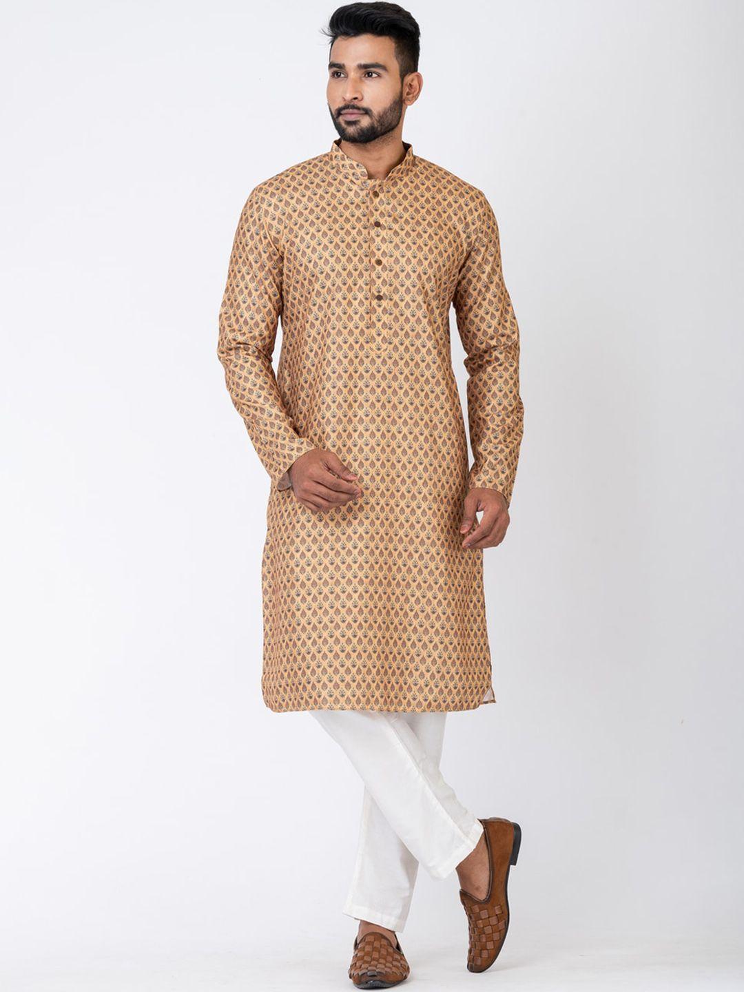 hu - handcrafted uniquely men beige ethnic motifs printed regular kurta with pyjamas