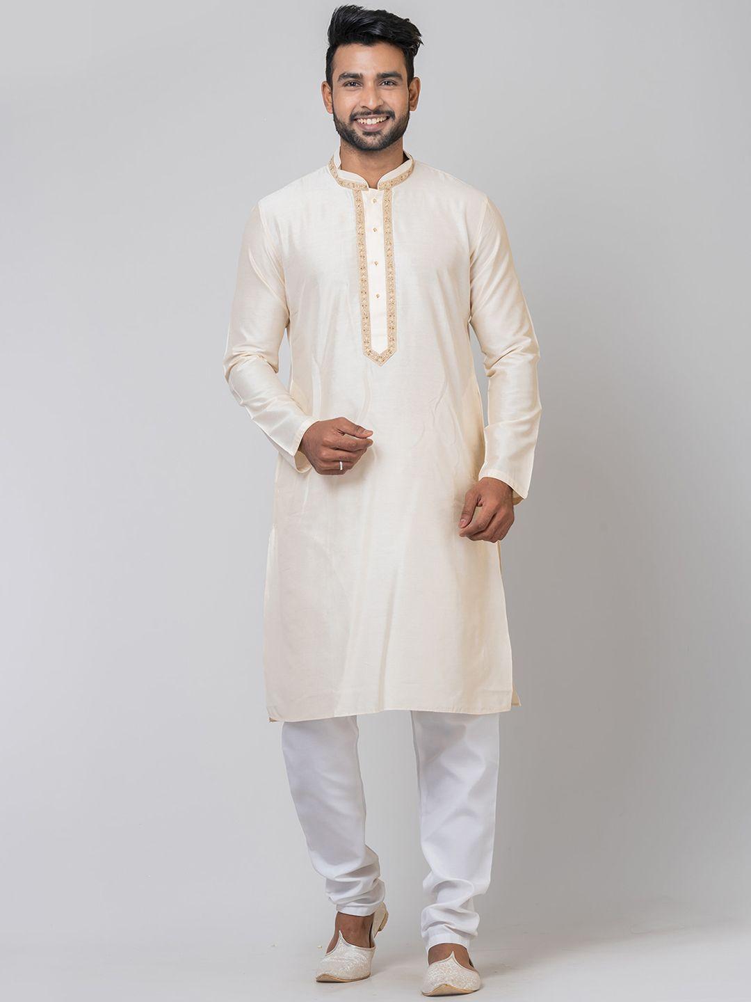 hu - handcrafted uniquely men beige thread work kurta