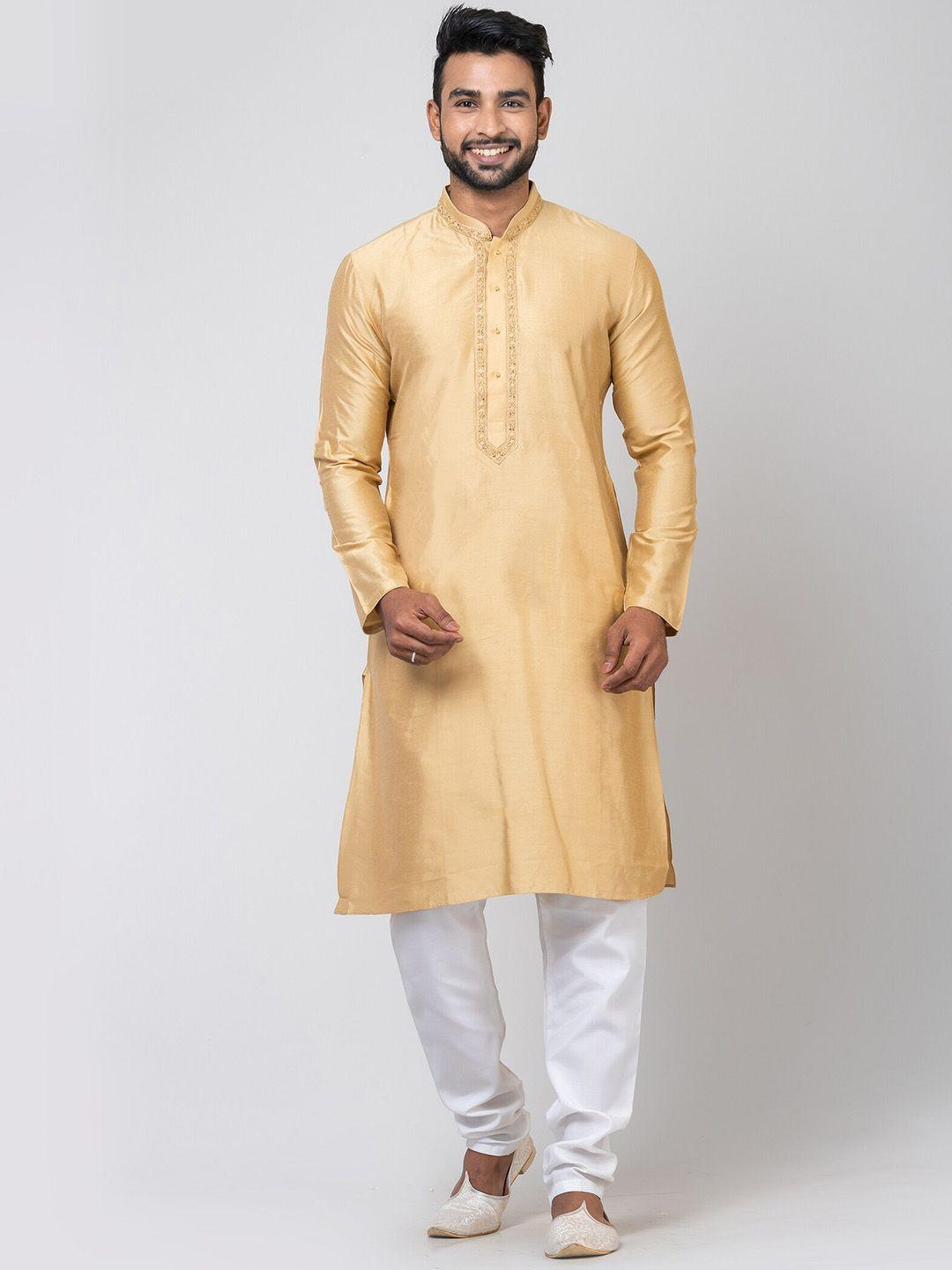 hu - handcrafted uniquely men beige thread work kurta