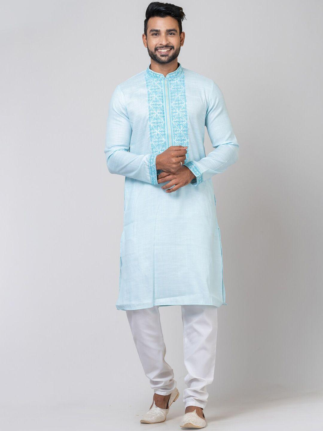 hu - handcrafted uniquely men blue embroidered kurta