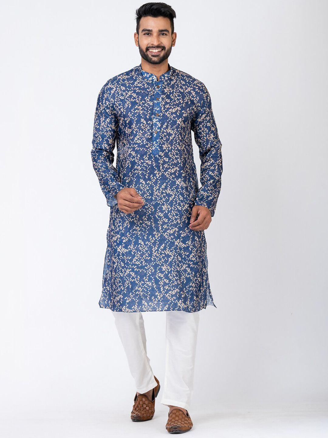 hu - handcrafted uniquely men blue paisley printed flared sleeves thread work kurta