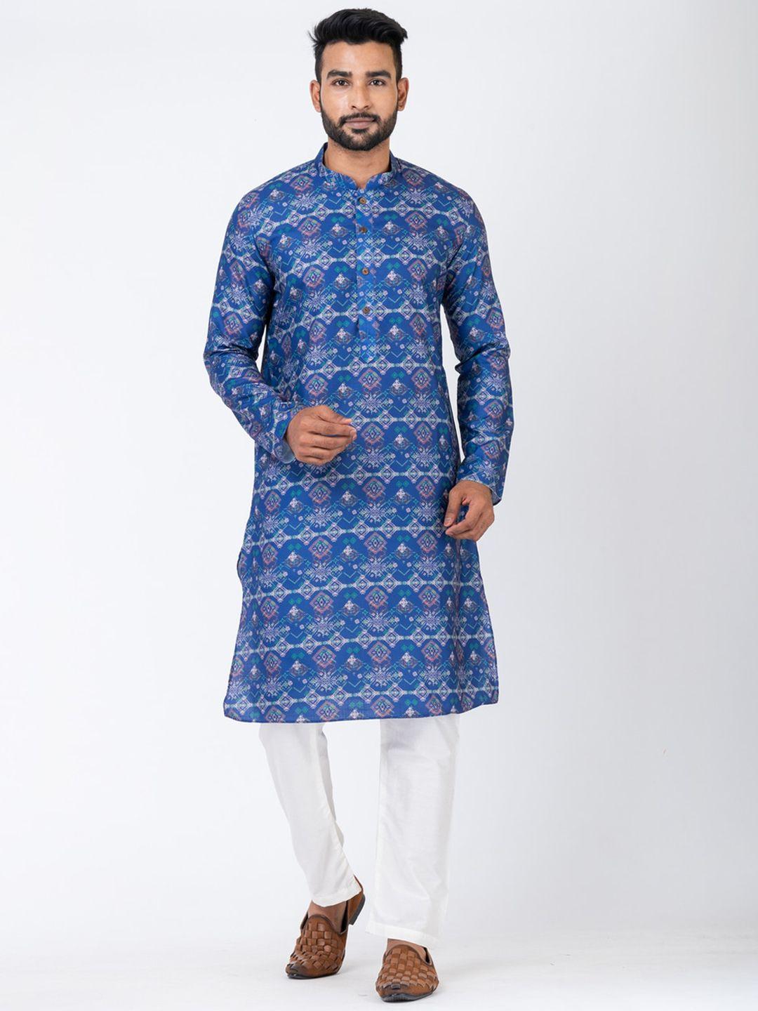 hu - handcrafted uniquely men blue printed regular kurta with pyjamas