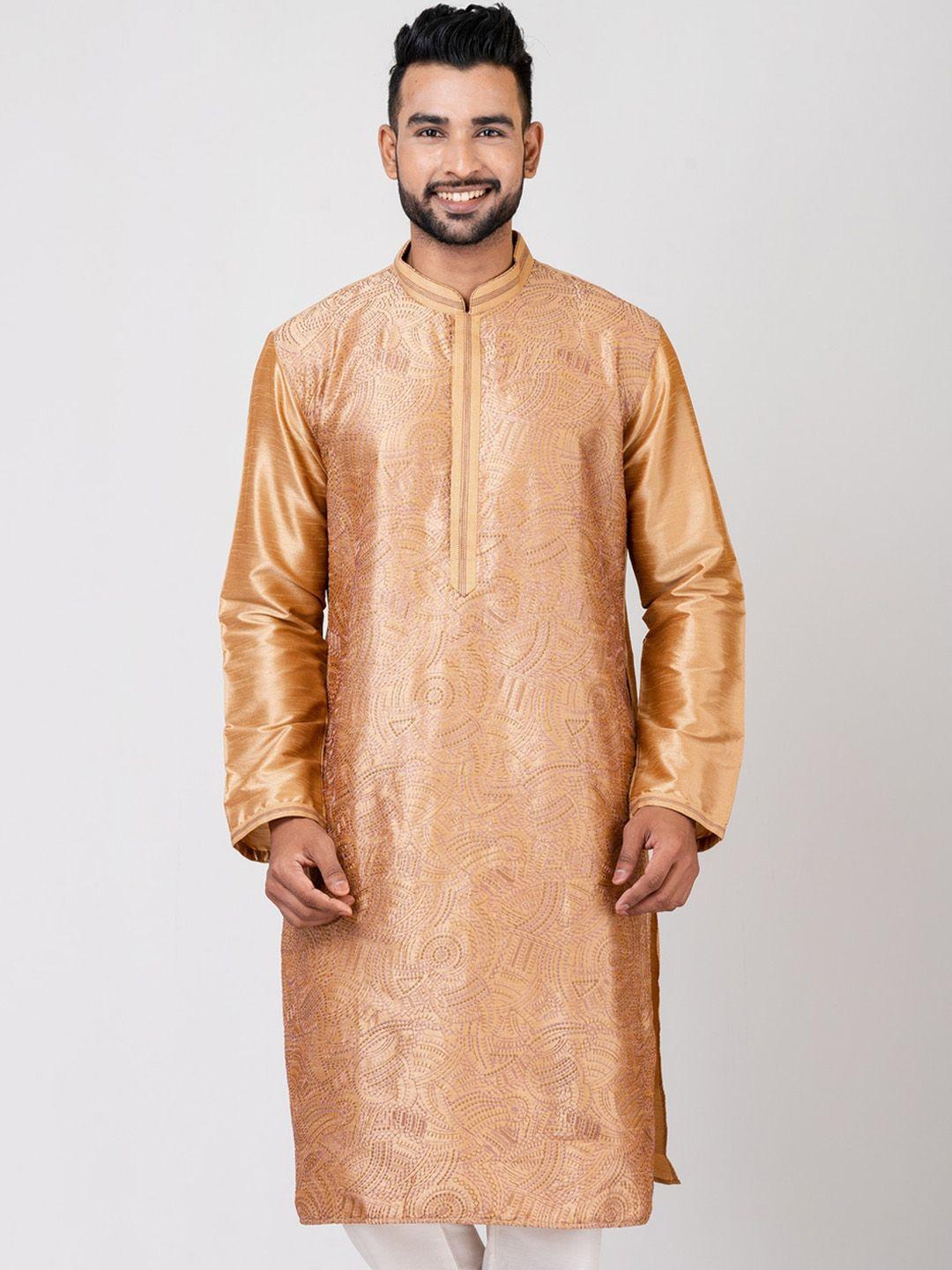 hu - handcrafted uniquely men bronze-toned ethnic motifs embroidered regular thread work dupion silk kurta