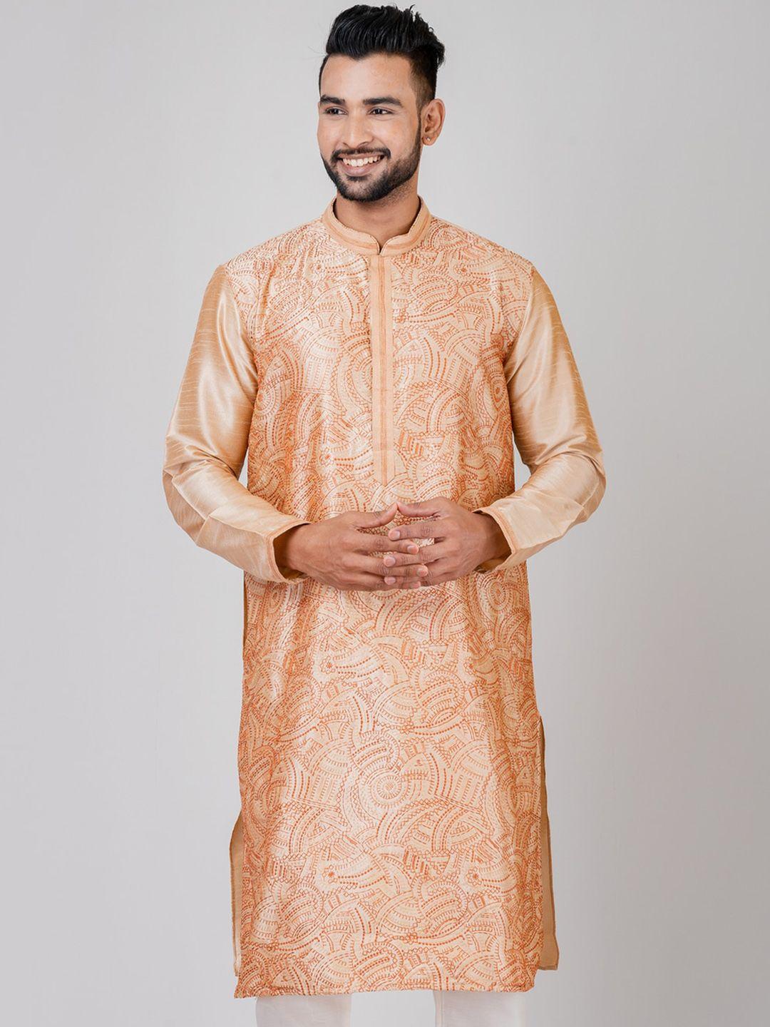 hu - handcrafted uniquely men champagne ethnic motifs printed regular thread work dupion silk kurta with