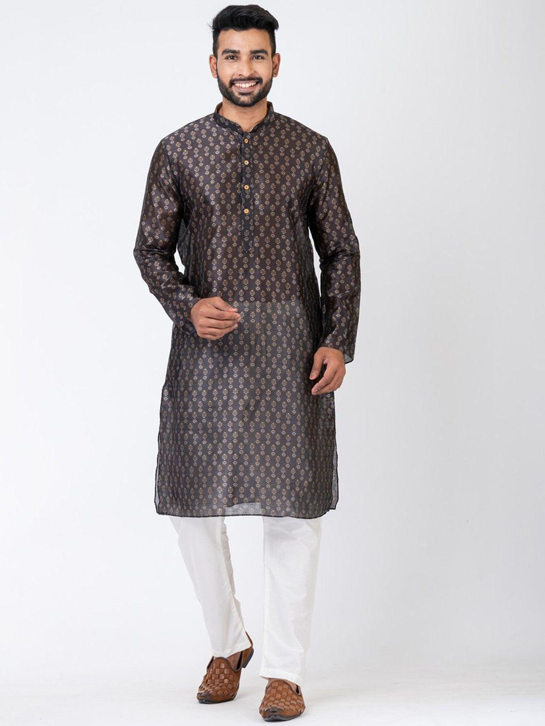 hu - handcrafted uniquely men coffee brown ethnic motifs printed regular chanderi silk kurta with pyjamas