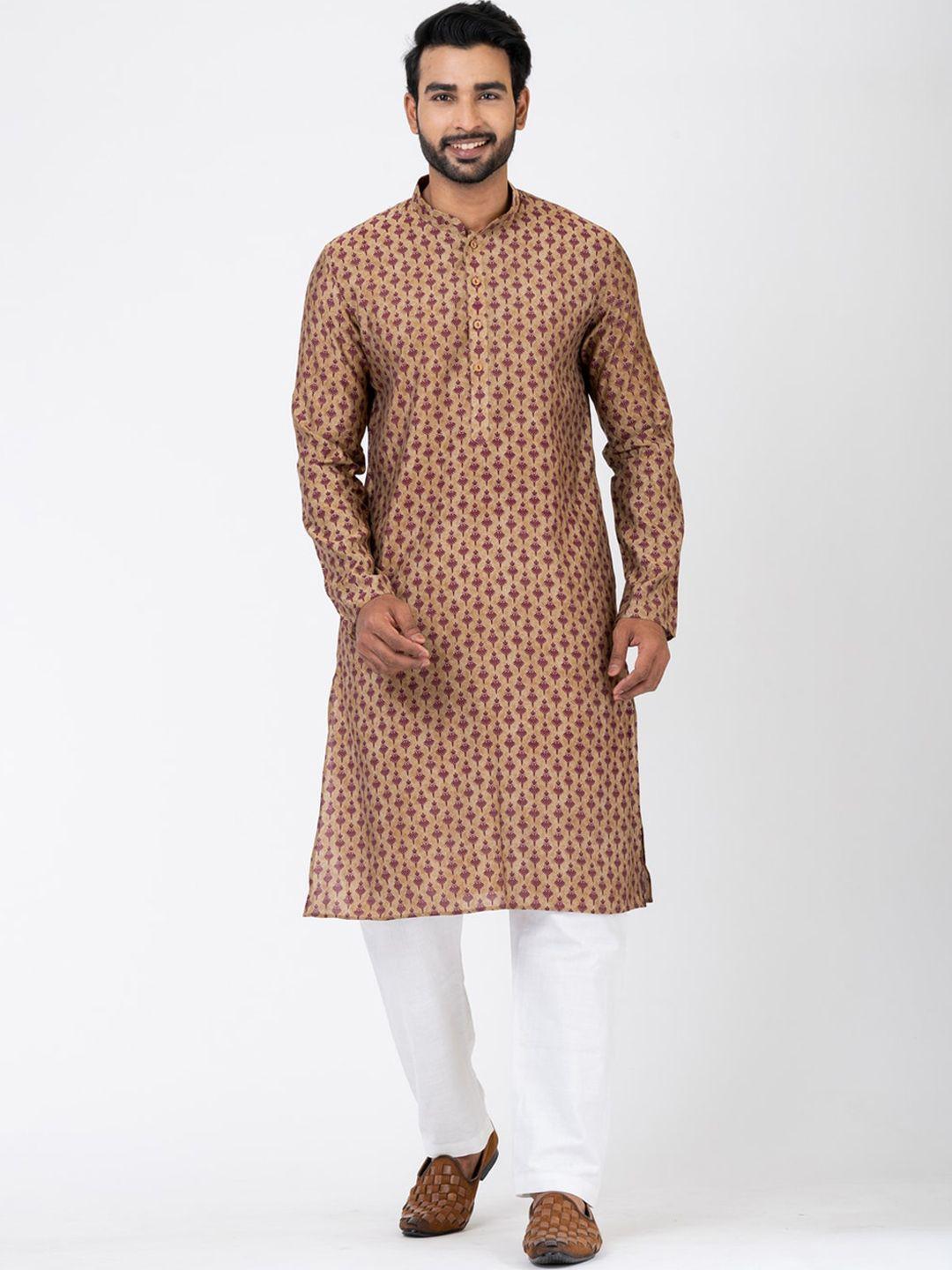 hu - handcrafted uniquely men copper-toned ethnic motifs printed regular kurta with pyjamas