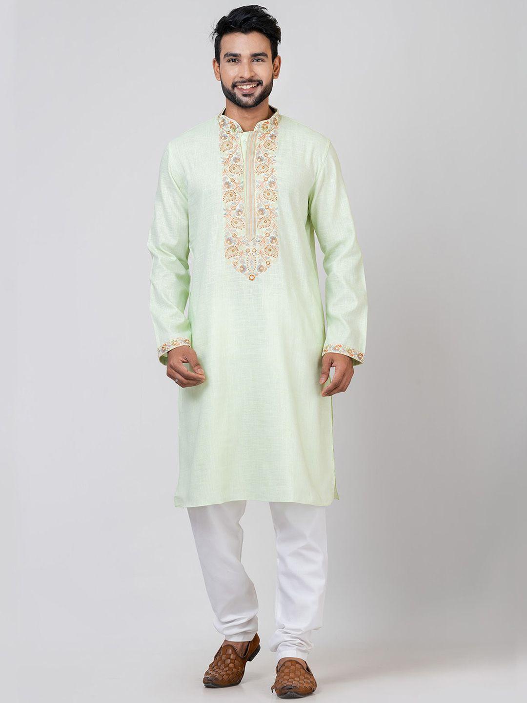 hu - handcrafted uniquely men green floral yoke design regular thread work linen kurta with churidar