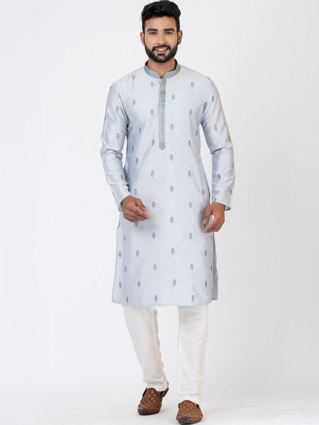 hu - handcrafted uniquely men grey ethnic motifs embroidered regular thread work dupion silk kurta with